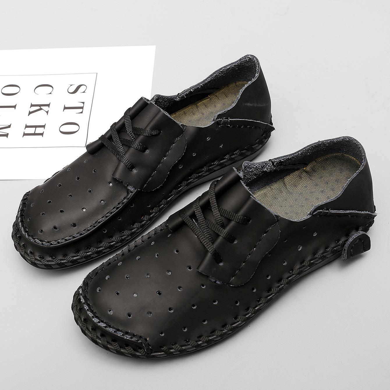 

модные летние и осенние мужские повседневные туфли из дышащей британской кожи с мягкой подошвой Lazy Hollow Большие кожаные туфли Bean Shoes 38 чёрный