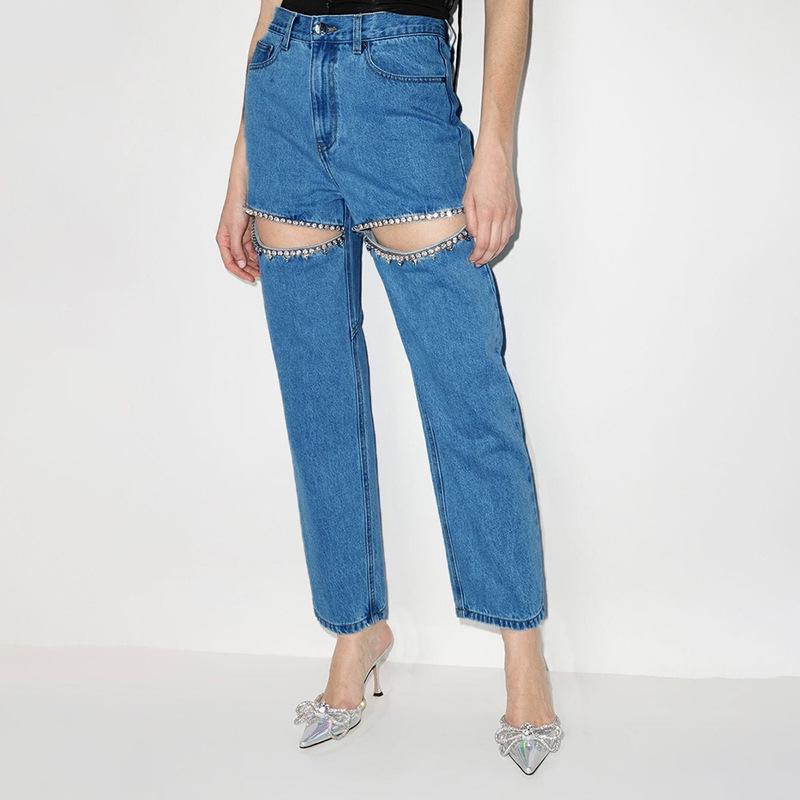 

Fashionable High-Waisted Straight-Leg Denim Jeans with Thigh Cutouts and Diamond-Studded Bead Embellishments for Women S темно-синий