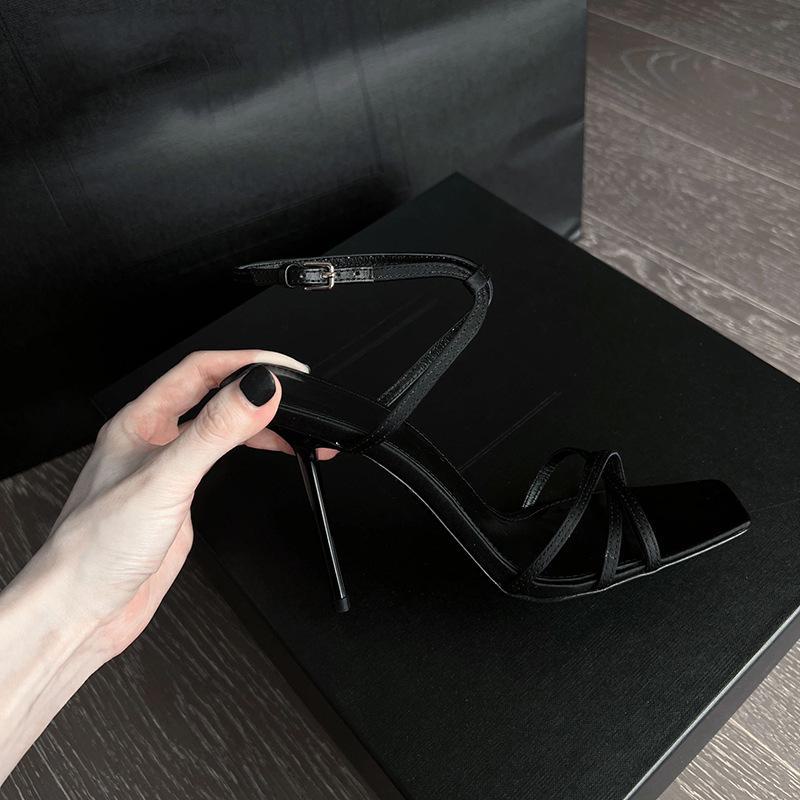 

Женские босоножки на шпильке 2024 года, лето - черный атлас, квадратный открытый носок, пряжка 40, 10CM чёрный