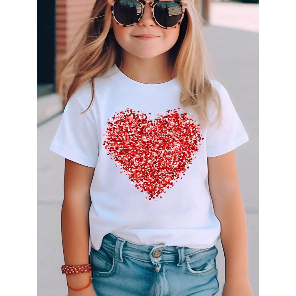 Summer Fashion Girls Short-sleeved T-shirt Red Love Element Printed Casual Versatile Top