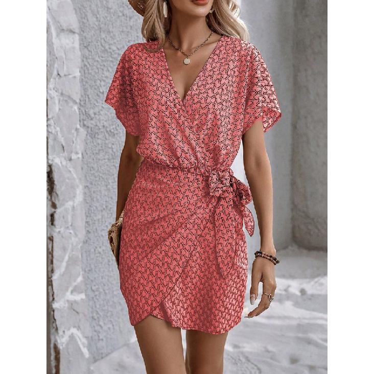 

Women s Fashion Spring/Summer 2026 New Printed Short-Sleeve Dress Beach High-Waisted Batwing Sleeve Wrap Dress XL помаранчевий