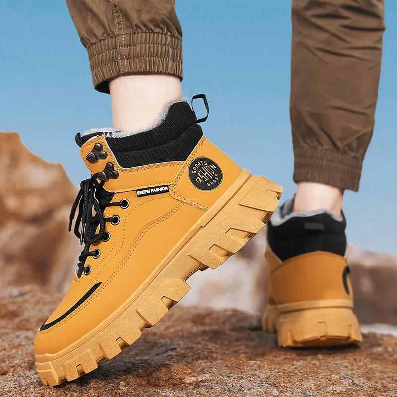 2024 New Men's Boots Plush Winter Thick Sole Lace Up Work Shoes Fashionable Coldproof Warm Cotton Short Boots Botas Para Hombre