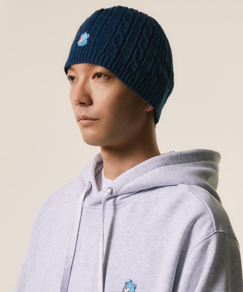 LMC Emb Bear Cable Knit Beanie Navy