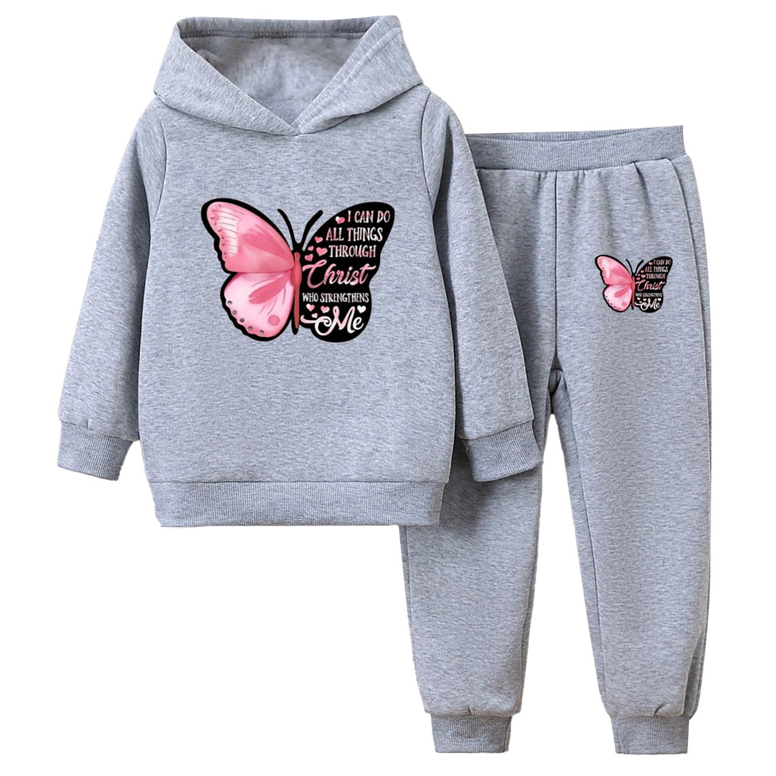 

Girls Cute Butterfly Print Tracksuit Fleece Lined Long Sleeve Hoodie Elastic Waistband Sweatpants Sports Set 5-6 Years сірий