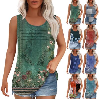 Tanktop für Damen, Sommer-Outfits, ärmellos, bedruckte Blusen, lässige, lockere Hemden, Rundhalsausschnitt, plissierte Vorderseite