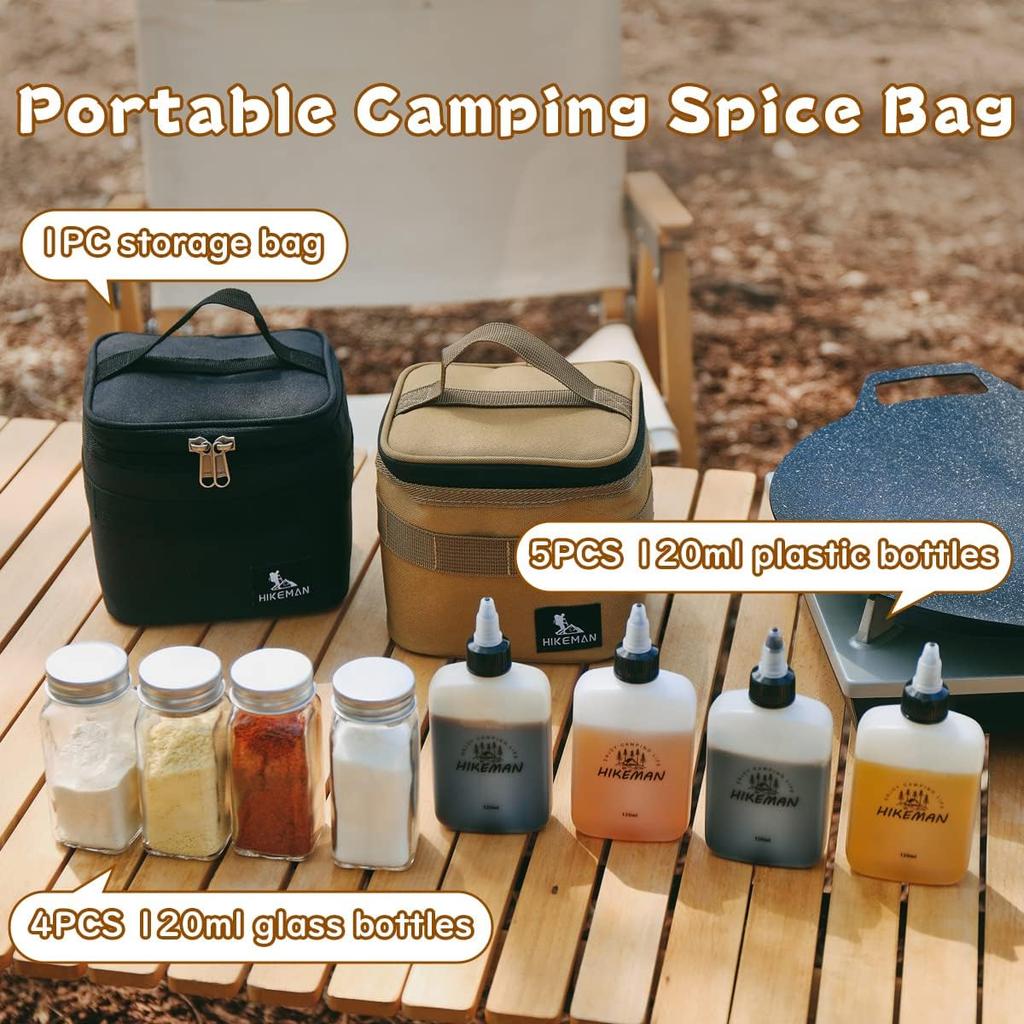 HIKEMAN Camping Portable Spice Set with 9 Spice Containers Pepper & Salt Spice Shakers, Separable Storage Bag for Outdoor Travel Camping BBQ Picnic