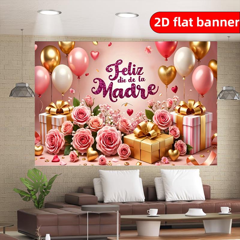 1 2D Flat Spanish Mother's Day Decoration Banner Pink Rose Balloons Gift Theme Background Cloth Party Party Photography