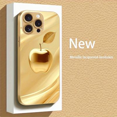 Lüks Altın Elma Desenli Metalik Boya Cam Telefon Kılıfı iPhone 17 16 15 14 13 12 11 Pro Max 15 Plus 17 Air 16E İçin Kapak