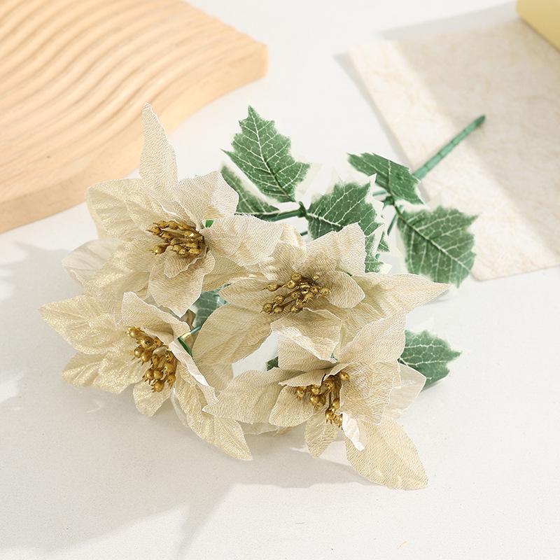 

Velvet Poinsettia Bouquet with Prickly Leaves - Artificial Christmas Home Decoration Ornament золотий