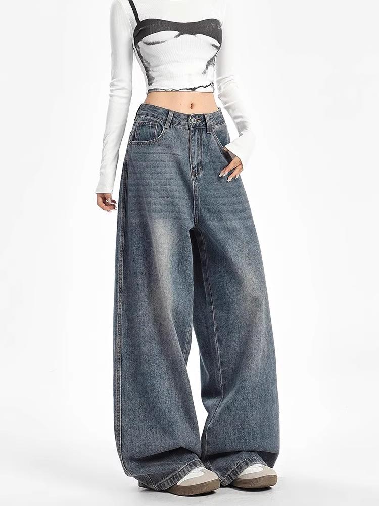 Unisex American Retro High-Waist Wide-Leg Jeans: Spring & Autumn, Loose, Slimming, Drapey, Floor-Length Straight-Leg Style.