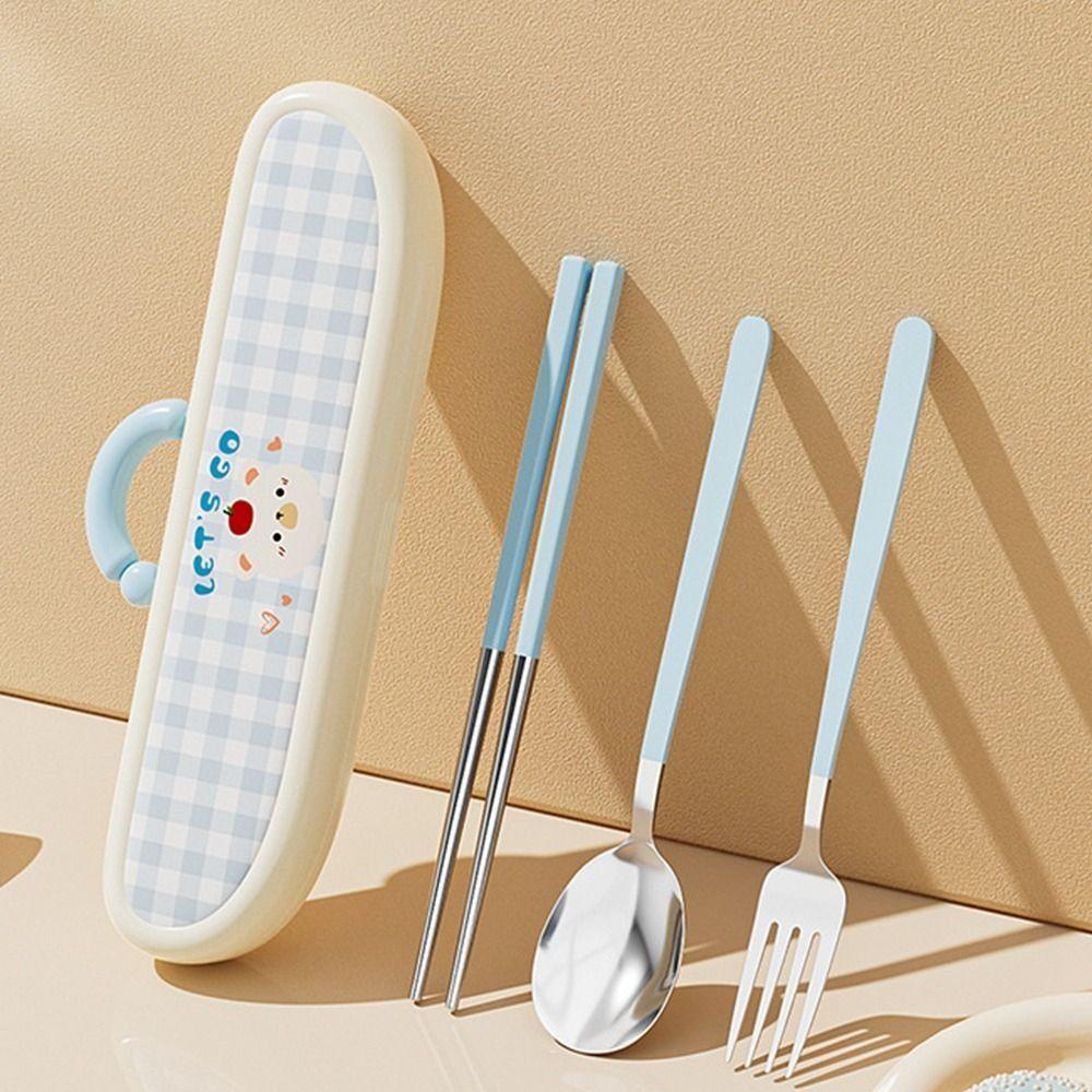 Stainless Steel Chopsticks Three-piece Set Cartoon Pattern Fork Dining Utensils Kit  Office Use