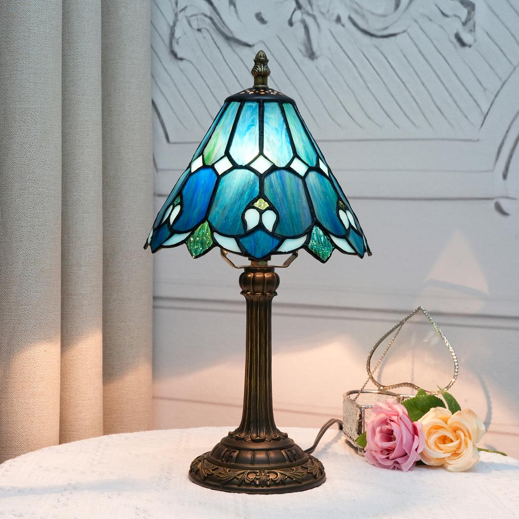 Baroque Style Stained Glass Table Lamp Night Light with 8 Inch Wide Blue Lampshade for Bedside Bedroom Living Room
