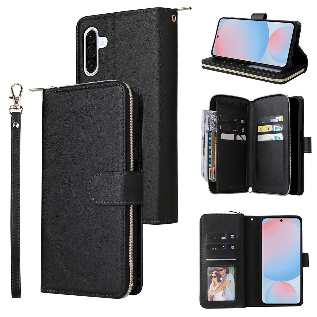 For Samsung Galaxy A37 5G Case Zipper Pocket 9 Card Slots PU Leather Phone Cover with Hand Strap