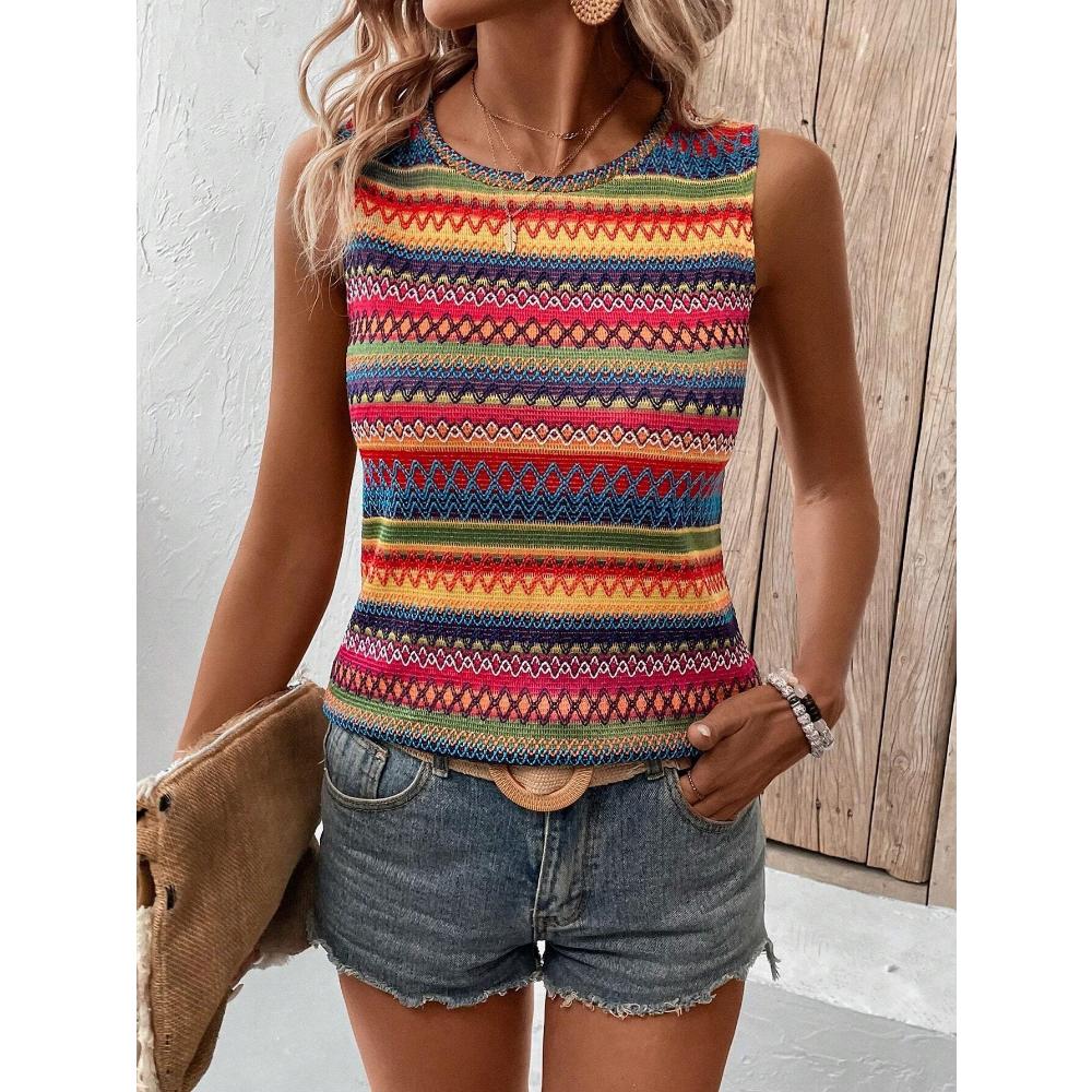 Women's 3D Striped Printed Sleeveless T-shirt, Round Neck Off Shoulder Casual Elegant Vest, Y2K Sleeveless T-shirt, Women's Clothing