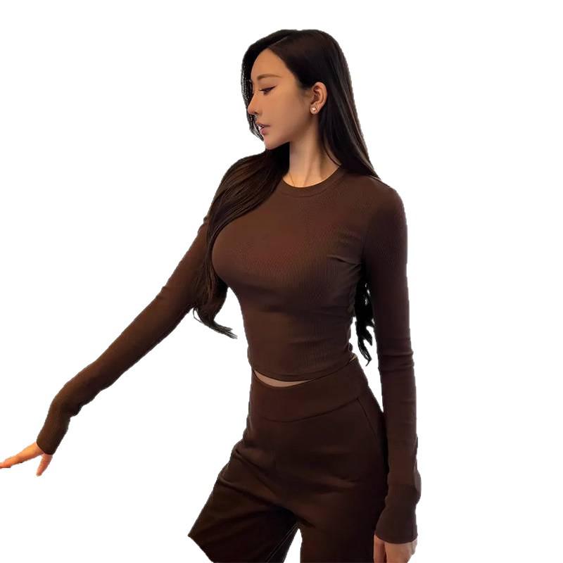 Coffee-Colored Korean Style Tight Long-Sleeve T-Shirt, Women's Autumn/Winter Base Layer Top for Petite Women