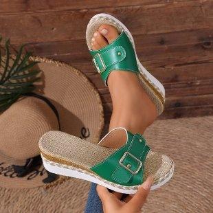 

Женские босоножки на танкетке с открытым носком, шлепанцы-слипоны, сандалии на пробковой платформе с каблуком, комфортные летние пляжные туфли, сандалии на толстой подошве, повседневные элегантные шлепанцы для женщин 36 зелёный