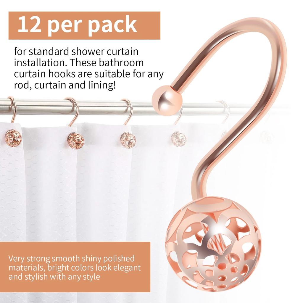 12Pcs Shower Curtain Hooks Metal Anti Rust Hooks Bathroom Accessories Shower Curtain Rings Decorative Hooks for Bathroom Home