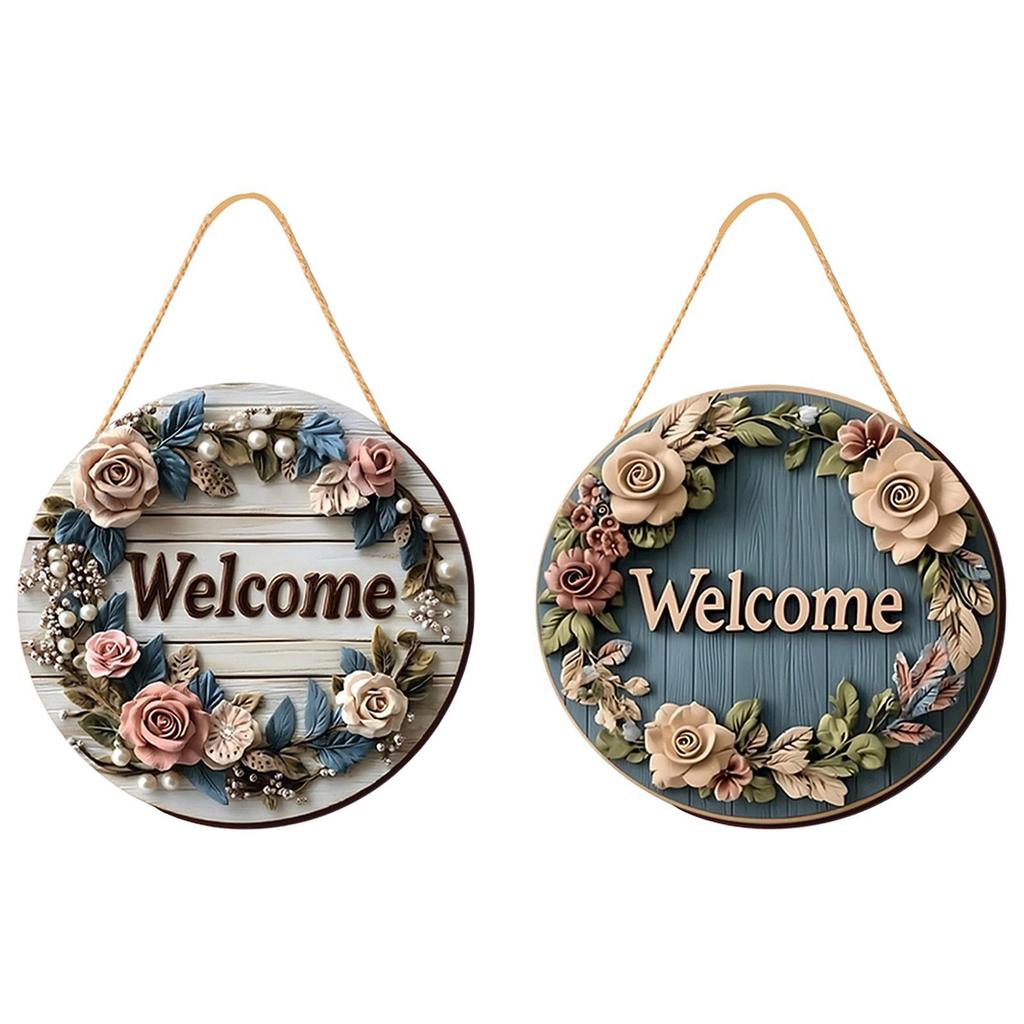 2Pcs Floral Welcome Signs Wood Plaque Outside Round Home Decor 20cm Fireplace Wooden Hanging Signs for Porch Garden Classroom