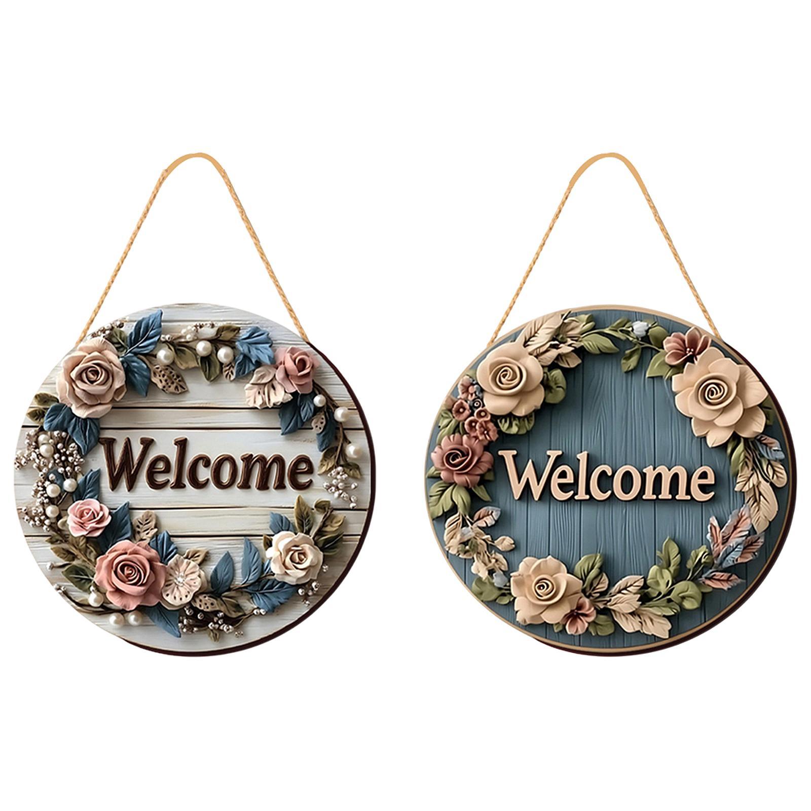 2x Floral Welcome Signs 2D Front Door Door Hanger Signs Wooden Hanging Signs blu