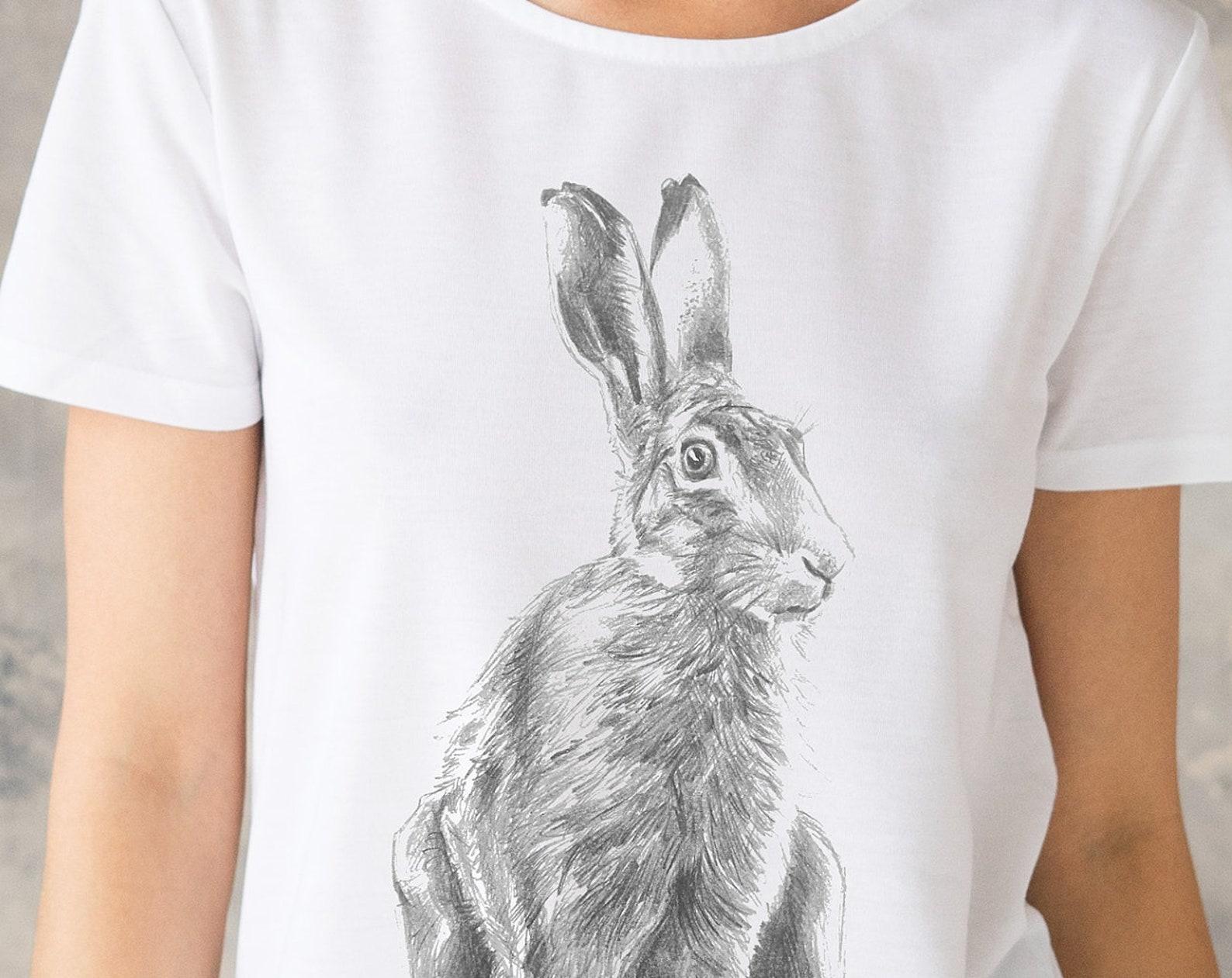Wild Hare T-Shirt: Women s Pencil Sketch Rabbit Print L
