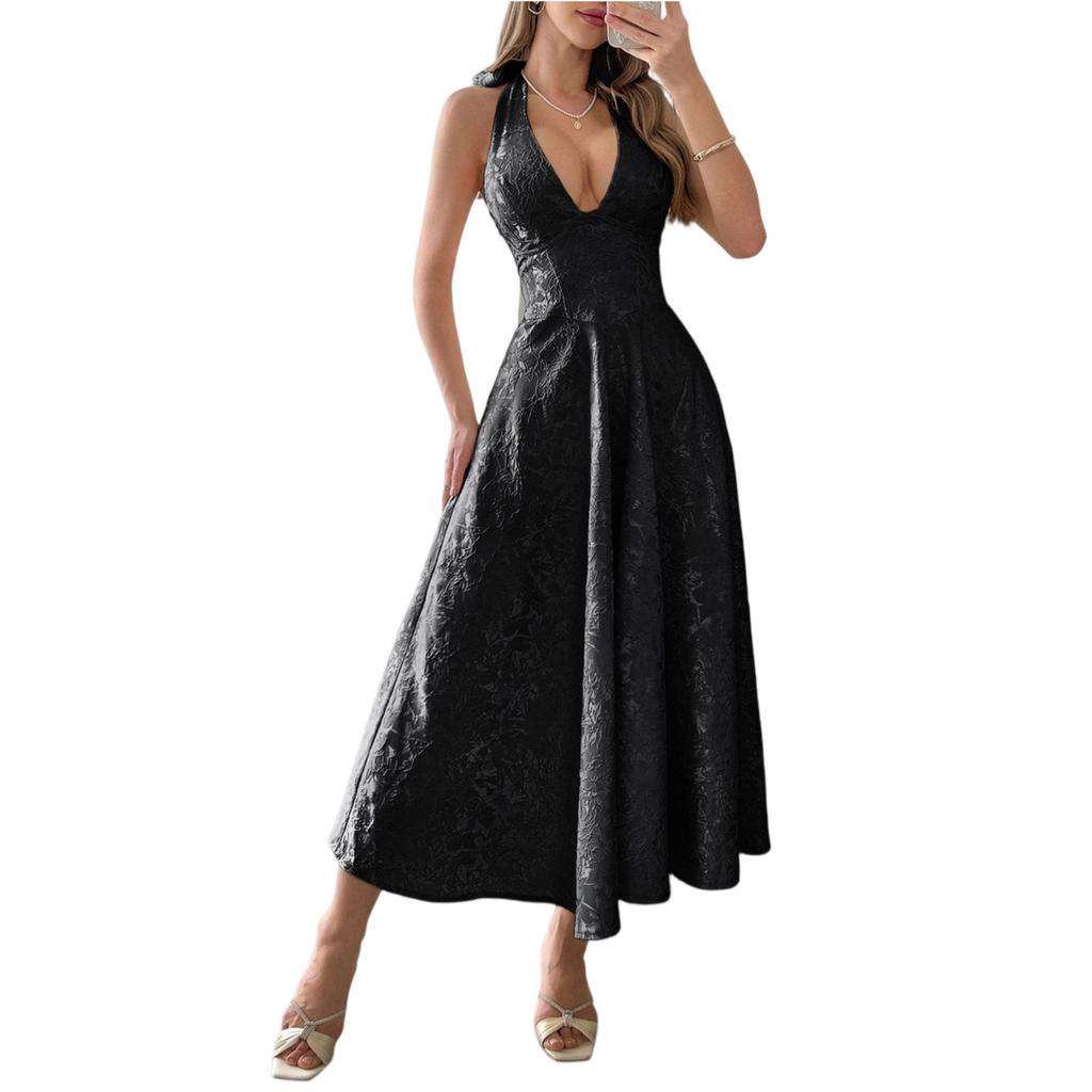Women's Fashionable Solid Color Elegant Temperament Hanging Neck Waistband Dress