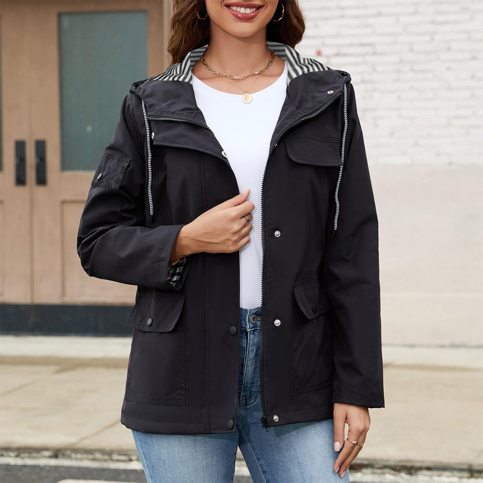 

Women s Fashion Trench Coat Solid Color Long Sleeved Hooded Multi Pocket Jacket L чорний