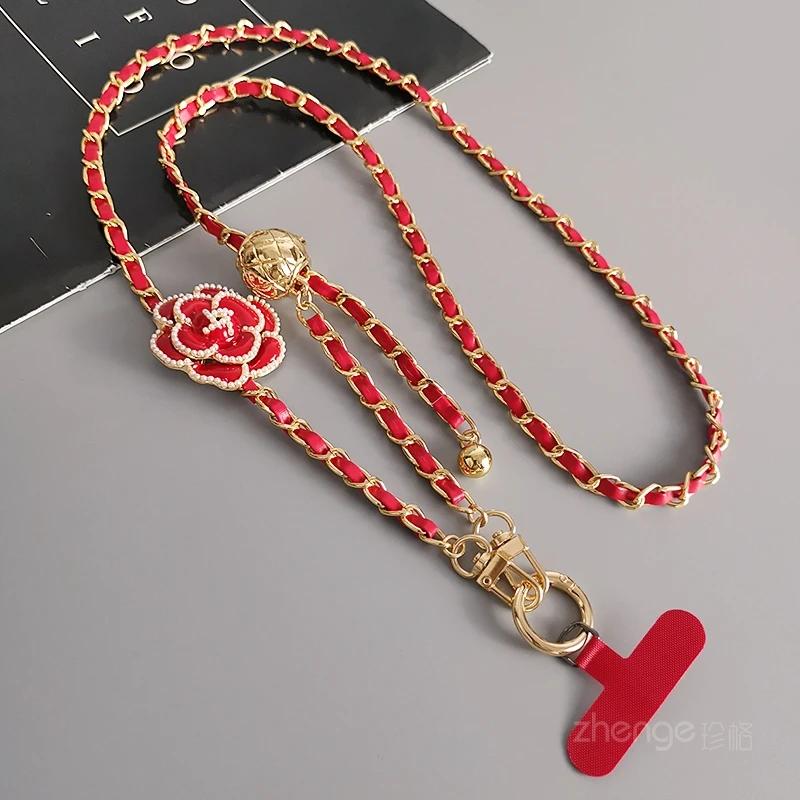

Mobile Phone Lanyard Crossbody Round Ball Telescopic Buckle Camellia Pickup Chain Neck Bag Metal Chain Mobile Phone Lanyard