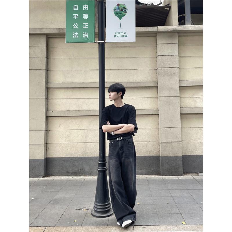 Washed black wide-leg jeans loose Japanese casual versatile men's and women's straight design couple trousers