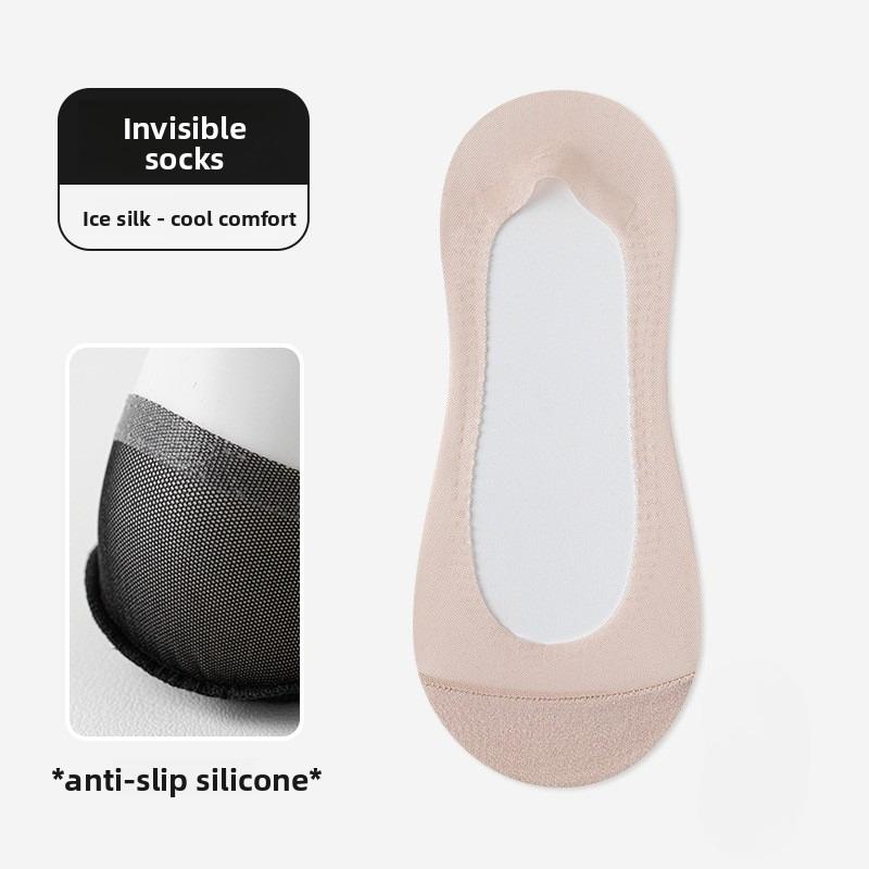Silk-coated Cooling Four-sided Silicone Soft Ankle Socks, Invisible Socks for Women, Anti-slip Cotton Bottom, Sweat-absorbing Net Fabric Short Socks