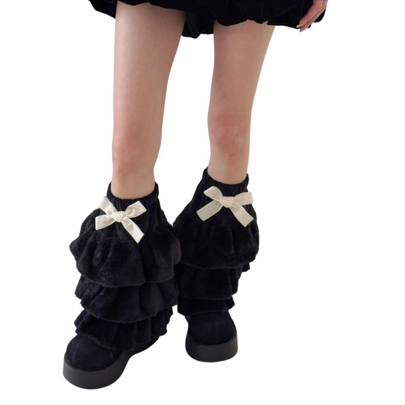 Women Plush Tiered Ruffle Leg Warmers with Bowknot Fuzzy Winter Boot Cuffs Thick Warm Furry Foot Covers Footless Socks