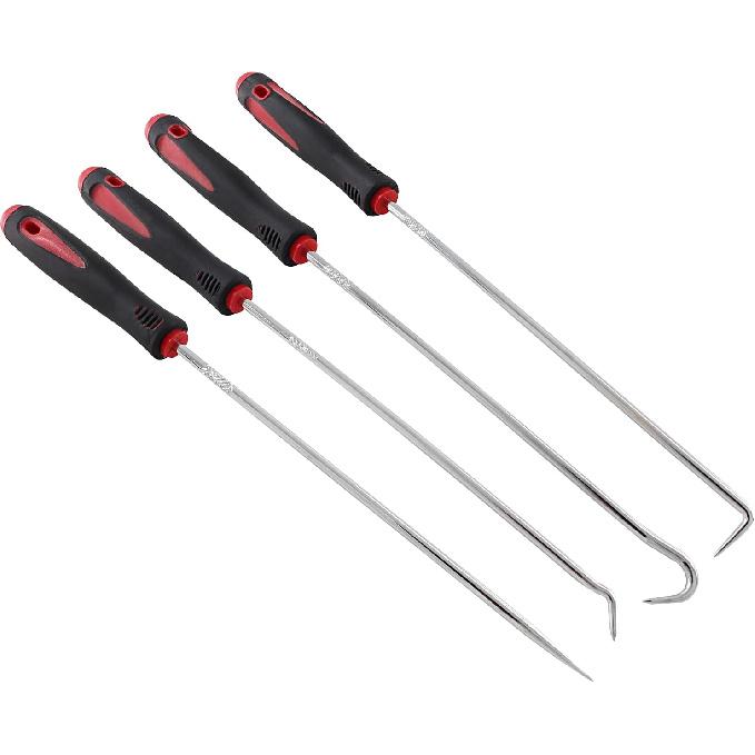 Hitefu 4 Pcs Precision Pick and Hook Set, 6.5", Red | Automotive Seal Puller Tools, Oil Seal Removal, O-Ring Gasket Removal, Car Mechanic Tools