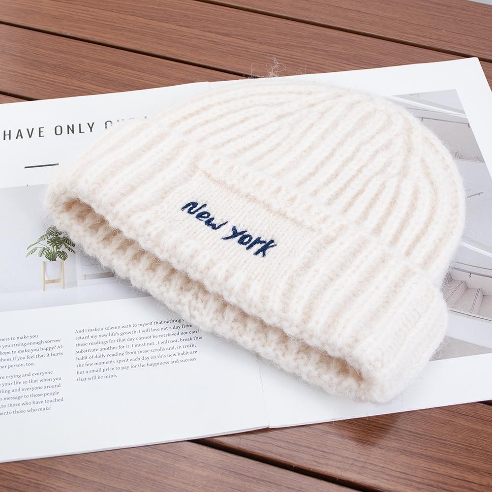 Simple letter blue knitted wool hat women's winter new warm ear protection hat bag head cold hat