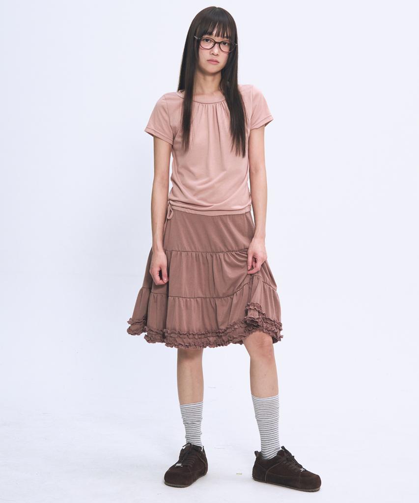 Some Place Shirred Frill Sleeveless Contrast Layered Flare Short Sleeve Midi Dress [Pink]
