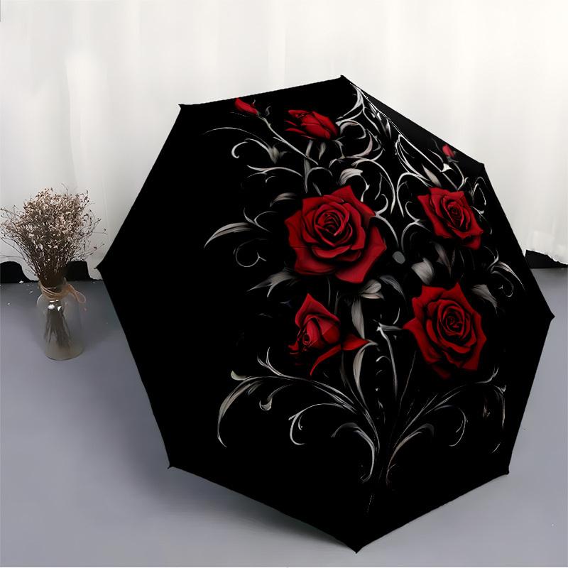 1pc Gothic Roses Auto-Fold Umbrella with One-Touch Open/Close - 8 Reinforced Ribs for Windproof Stability,  Yy251118233