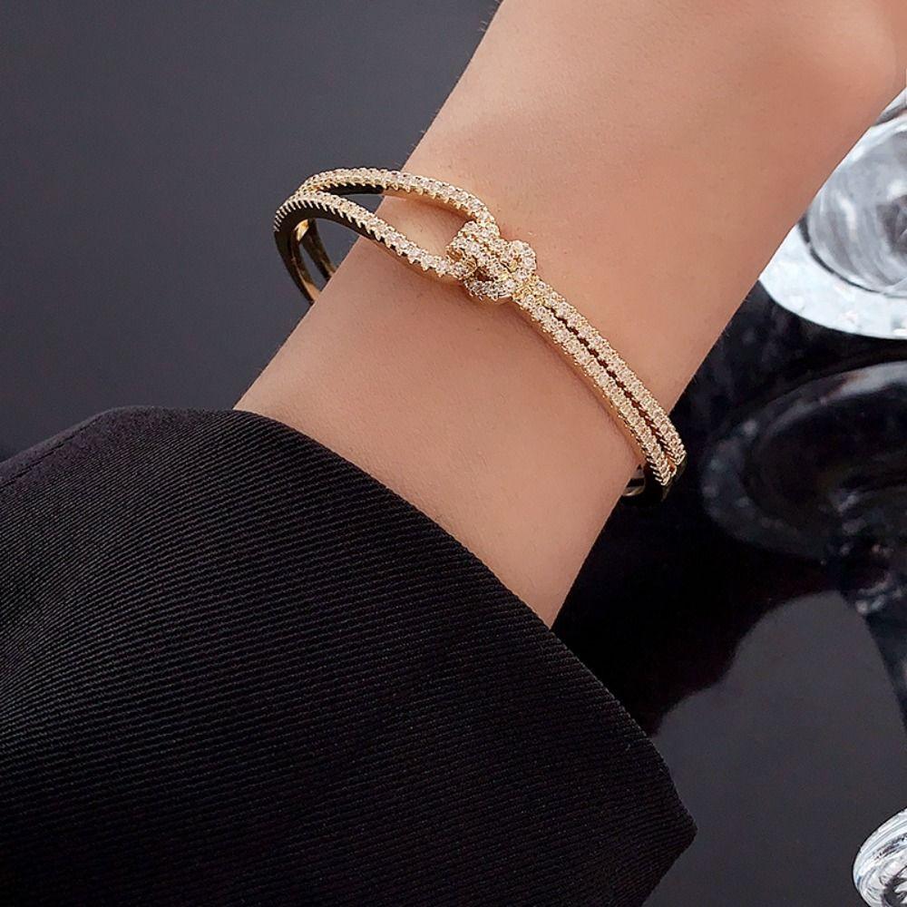 Crystal Knot Cuff Bangles Double Layer Rhinestone Bracelet Simple Cross Wide Open Bangle  Women
