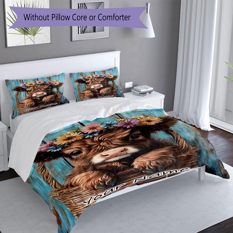 3PC Custom Name Cow Basket Flowers Bedding Set Printed Bedding Set Duvet Cover Closure Includes 1 Duvet Cover & 2 Pillowcases for All Seasons Bedroom