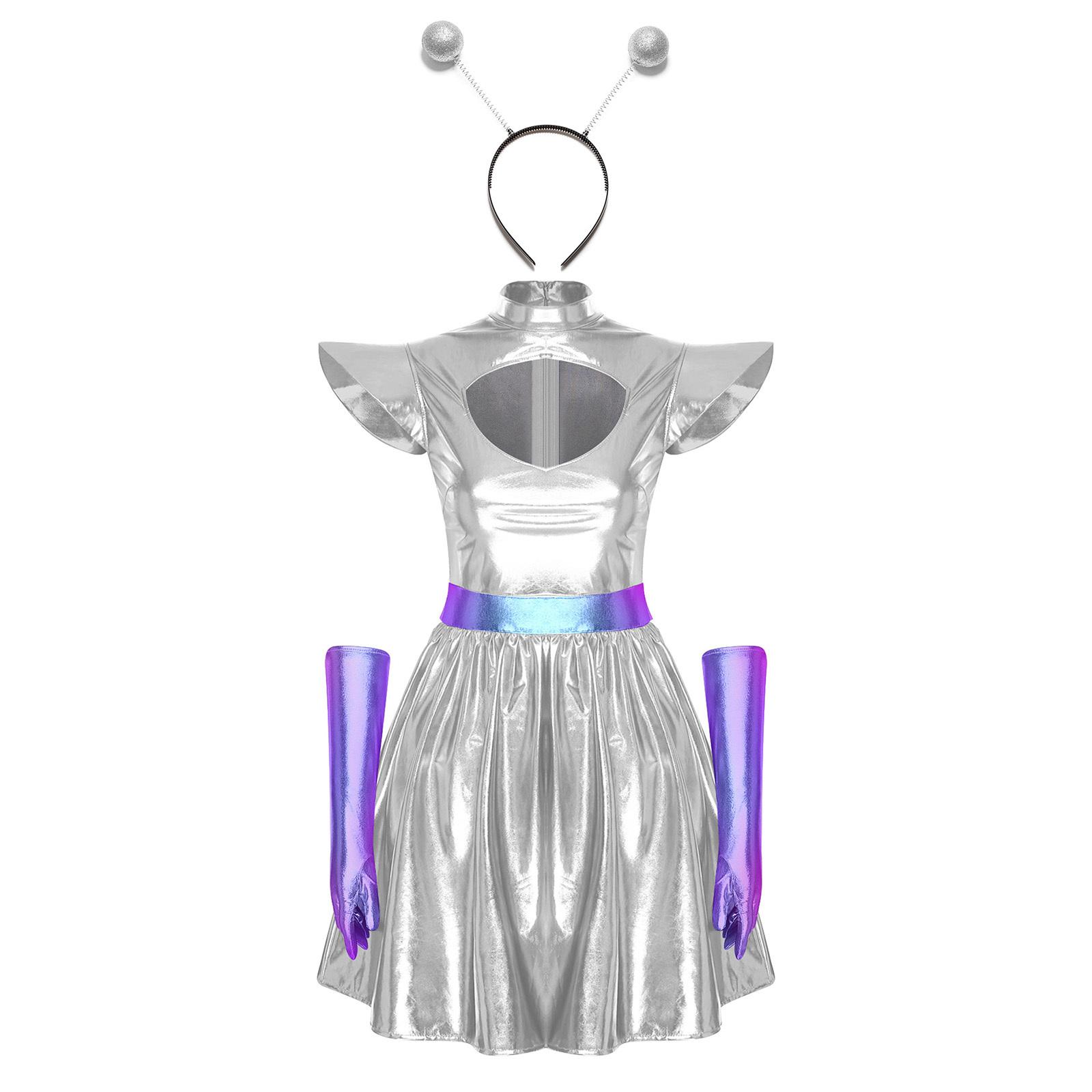 Damen Space Alien Kostüm Metallisch Glänzendes Kleid Ausschnitt Hals Design Komplette Handschuhe Haarschleife Set Halloween Party S silber
