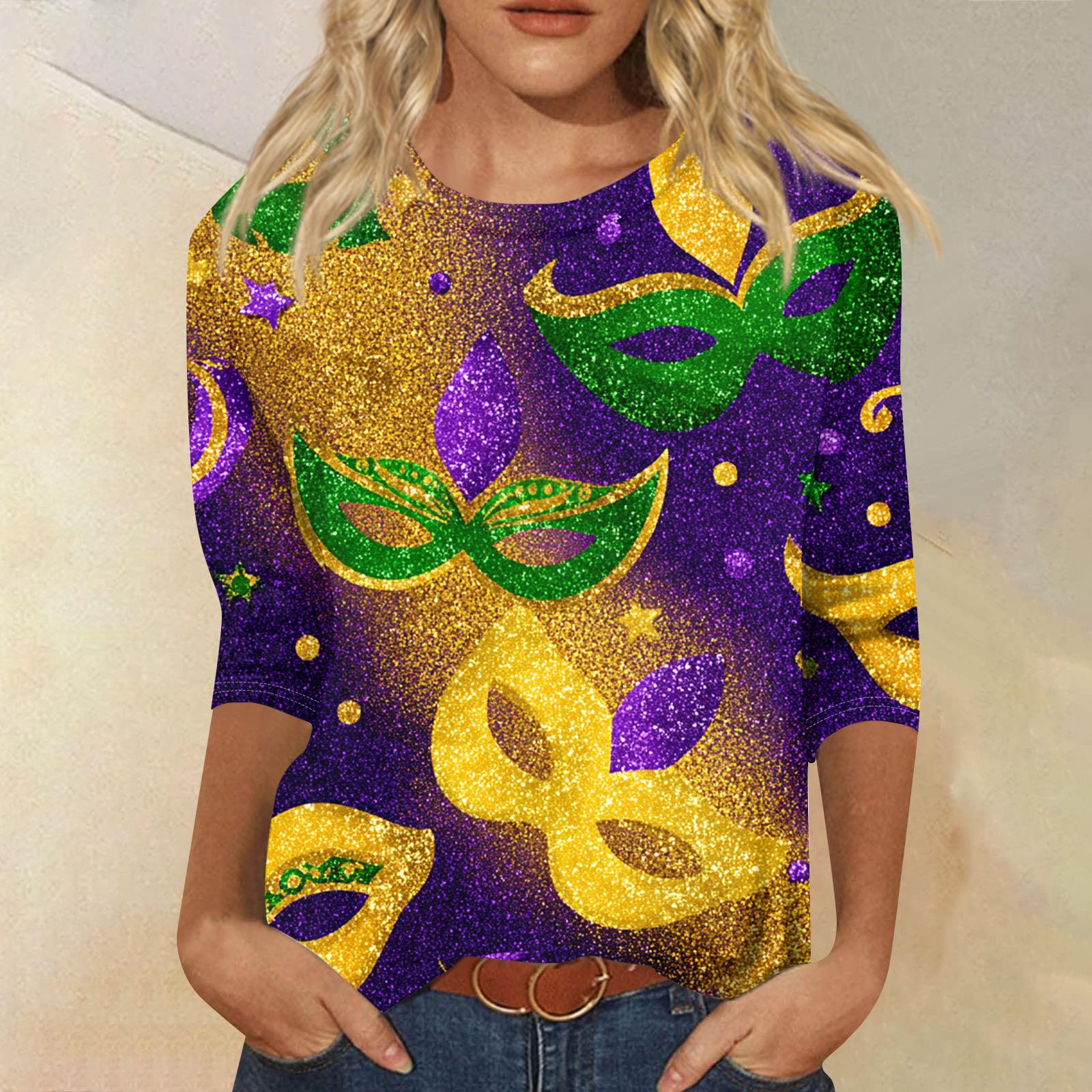 

Women s Fashion Casual Round Neck Three-quarter Sleeve Carnival Print T-shirt Top XL