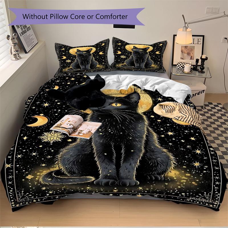 3pcs Black Cat Moon Night Duvet Cover Set, Cover For Bedroom Guest Room (1 Duvet Cover + 2 Pillowcase, Without Quilt),  Yy250922224