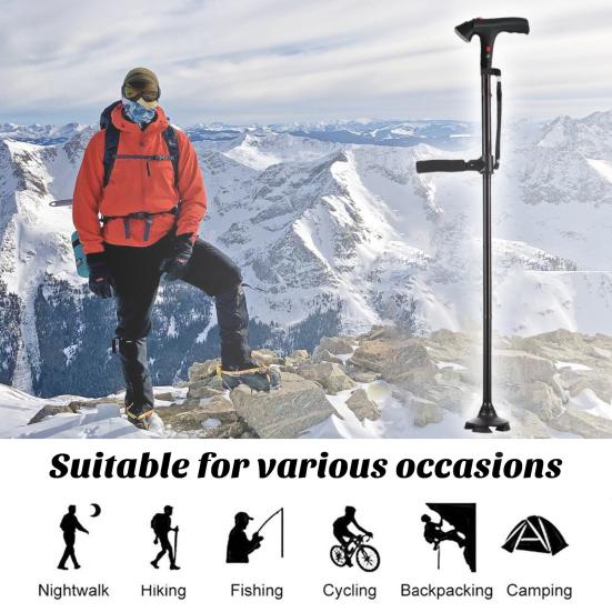 Yousheng Gehstock aus Aluminiumlegierung mit Licht, Alarm, höhenverstellbar, rutschfest, leicht, Doppelgriff, faltbar, Outdoor-Trekkingstock, Gehen