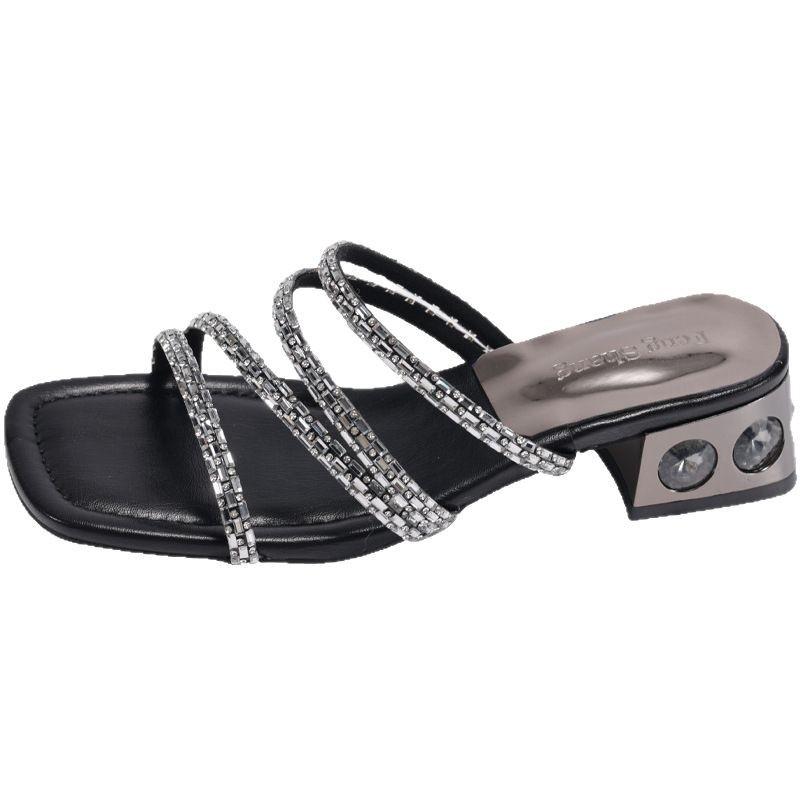 Coarse Heel Fashion Sandals Women's 2025 Summer New Open-toed High-heeled Sandals Wear Rhinestones Temperament Versatile One-word Drag Tide