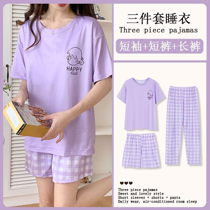 Summer Korean Sweet Pajamas Women's Crew Neck Short-sleeved Three-piece Comfortable Women's Loungewear Spot Straight Hair