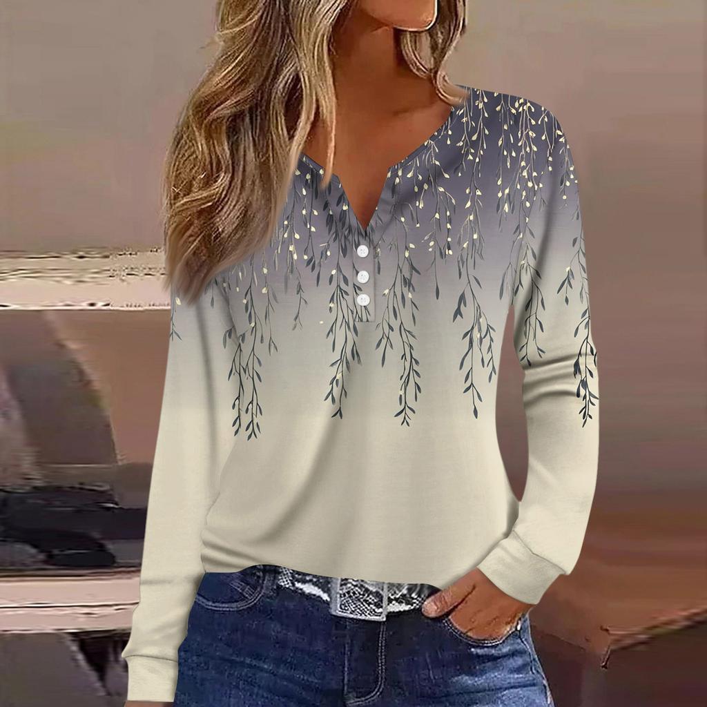 Dámské tričko Tričko Knoflíček Dlouhý rukáv Denní víkendová móda Basic Top s výstřihem do V