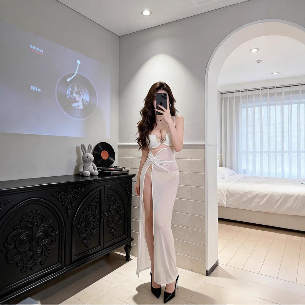Pure desire wind perspective suspender long dress sexy waist split design sense slim and thin nightclub banquet dress dress dress woman