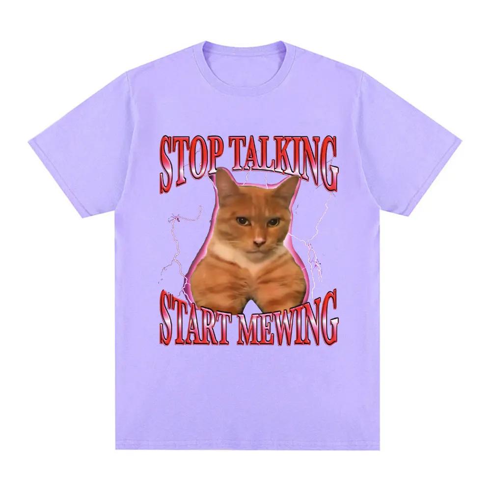 Stop Talking Start Mewing T-Shirt Funny Cute Cat Meme Graphic Short Sleeve T Shirts 100% Cotton Comfort Loose T-shirts Oversized