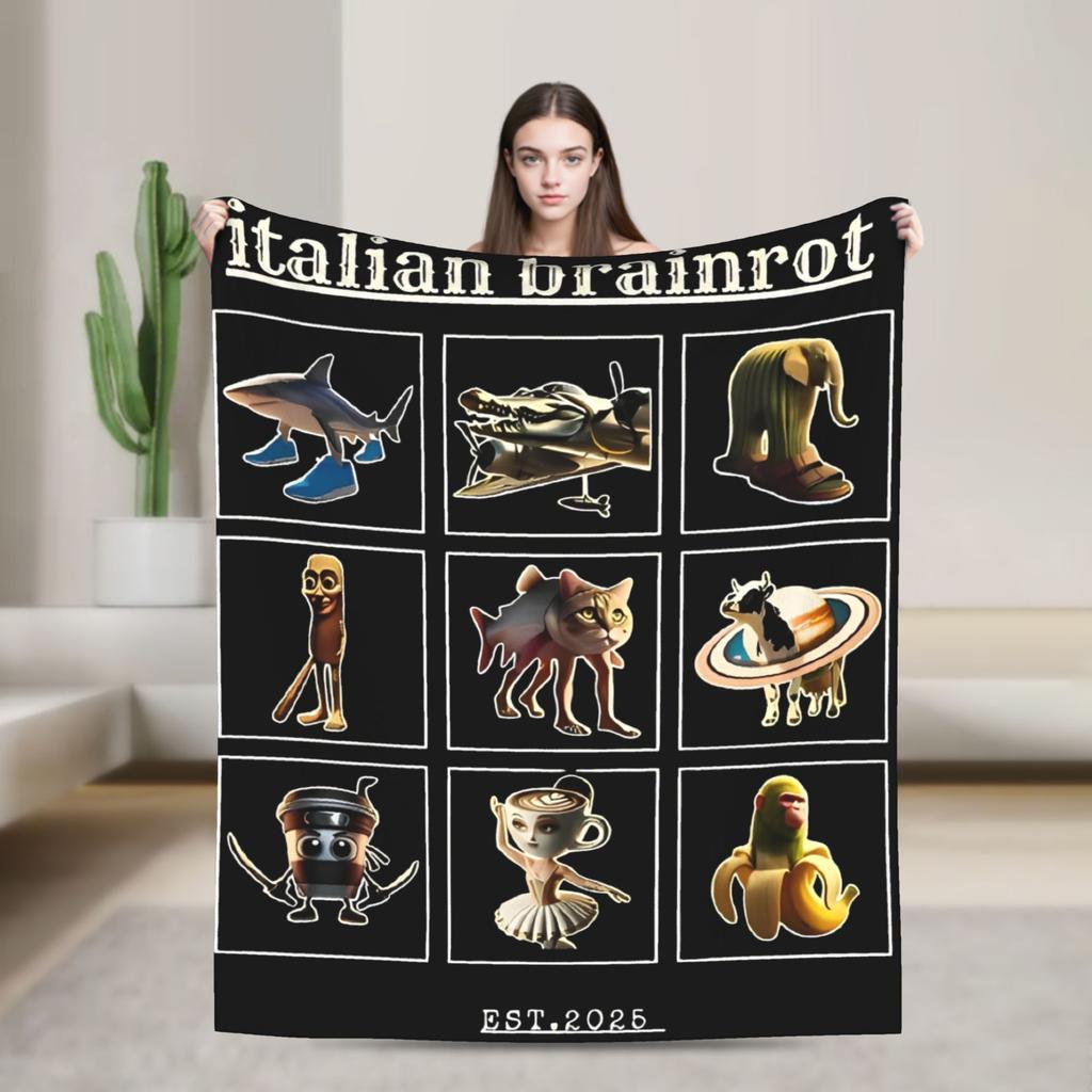 Italian Brainrot Tralalelo Tralala Tung Tung Tung Sahur Meme Fleece Blanket Throw Blanket for Bed Sofa Couch Plush Thin Quilt