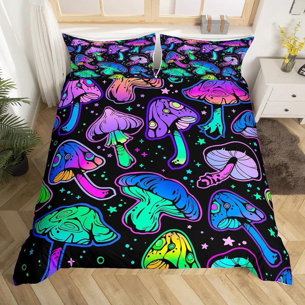Blue Purple Beding Mushrom Soft Duvet Cover Set Fantasy Galaxy Sky Mushrom Design Psychedelic Young Boys Young Girls Gifts Bedrom Decoration