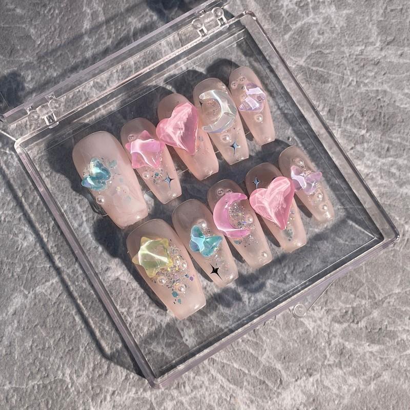 Handmade Press-On Nails Sweet Candy Color Ice-Transparent Mocha Rhinestone Nail Tips Women