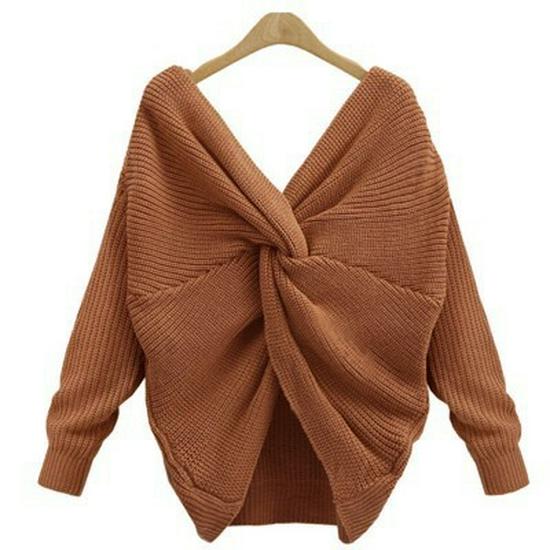 European Fashion Batwing Sleeve Knit Sweater with Cross Back Design for Women