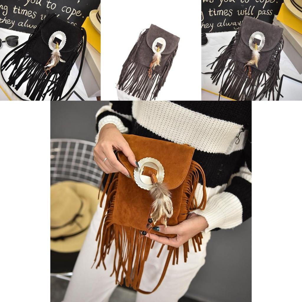Bohemian Feather Tassel Shoulder Bag With Polyester Lining For Casual Outings